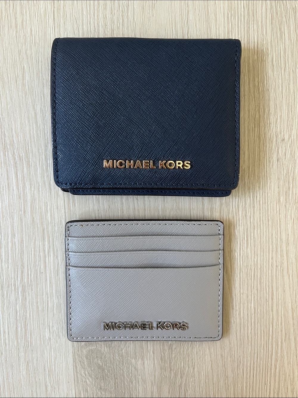 Michael Kors Navy Bifold Wallet and Gray Card Holder bundle